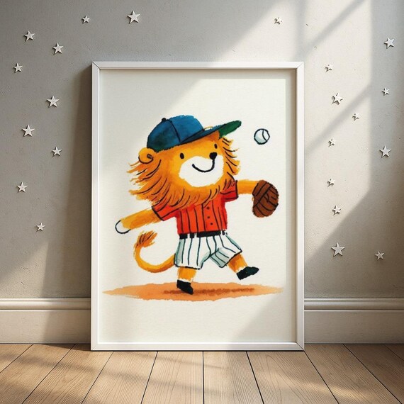 Cute Lion Cub Baseball Pitcher Nursery Sports Room Art Print