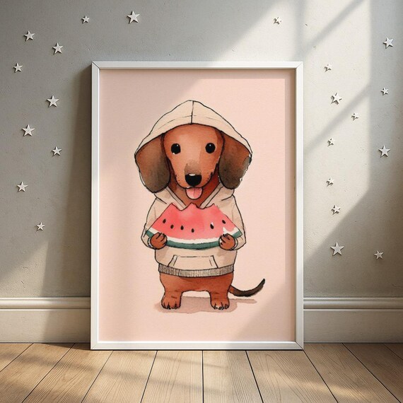 Summer Puppy Print Watermelon Dog Nursery Art Kids Room Decor Wall