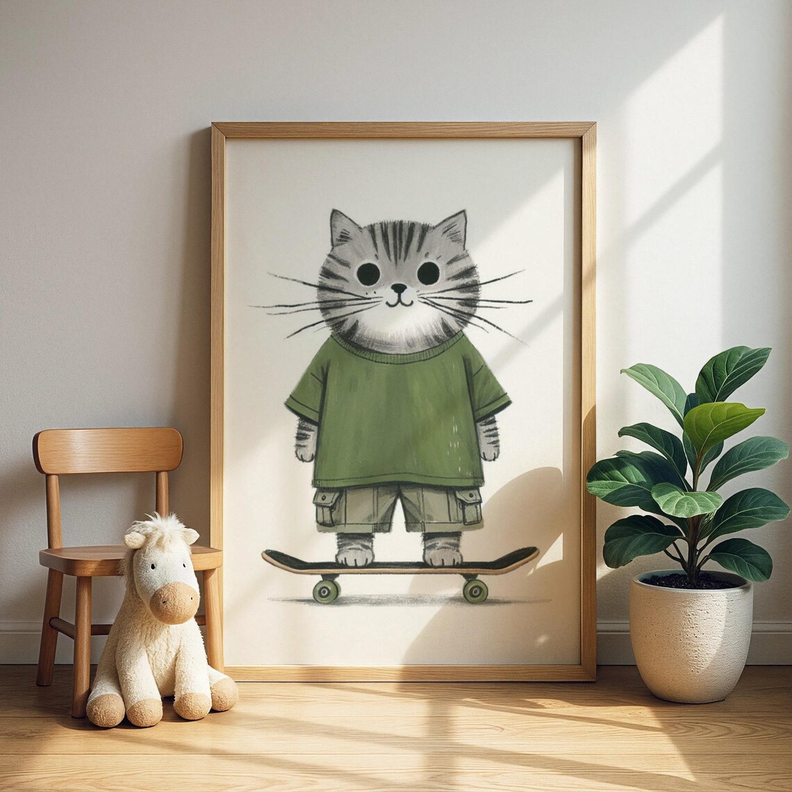 Cute Gray Tabby Cat Skateboarder Green Shirt Kids Room Poster