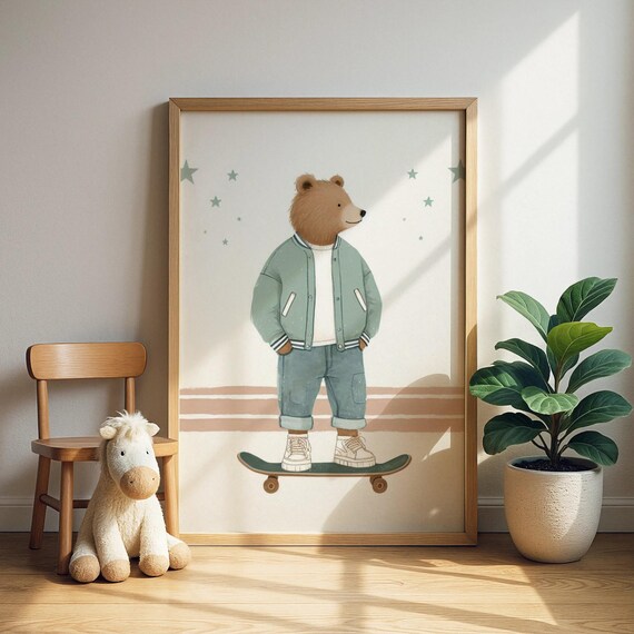 Brown Bear Skateboard Jacket Cute Kids Nursery Animal Wall Art
