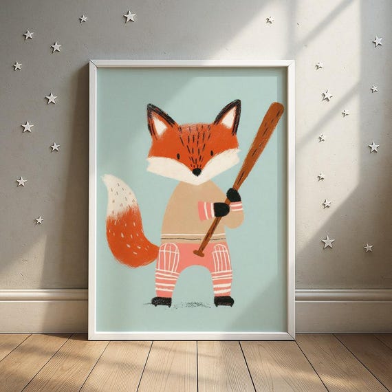 Baseball Bat Fox Wall Art Sporting Cub Nursery Print Toddler Room Decor