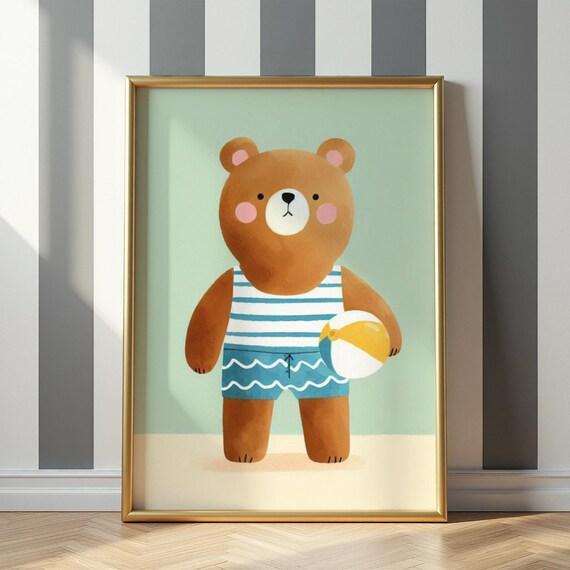 Cute Bear With Colorful Beach Ball Swimsuit Nursery Art Print