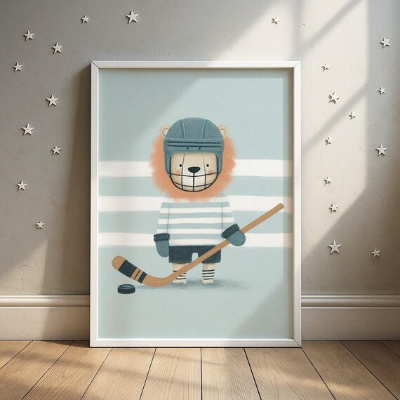 Cute Lion Cub Ice Hockey Player With Stick and Puck Sports Print