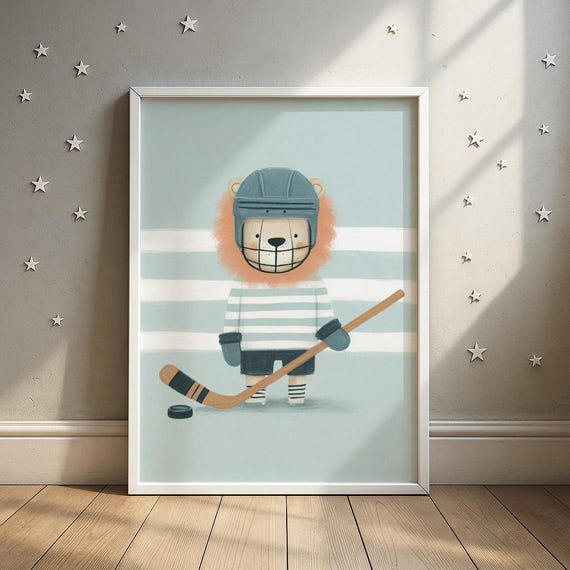 Ice Hockey Lion Print Striped Jersey Cub Illustration Boys Sports Room Decor