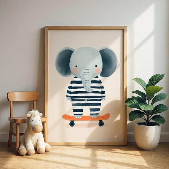 Baby Elephant Skateboard Orange Striped Pajamas Nursery Wall Art