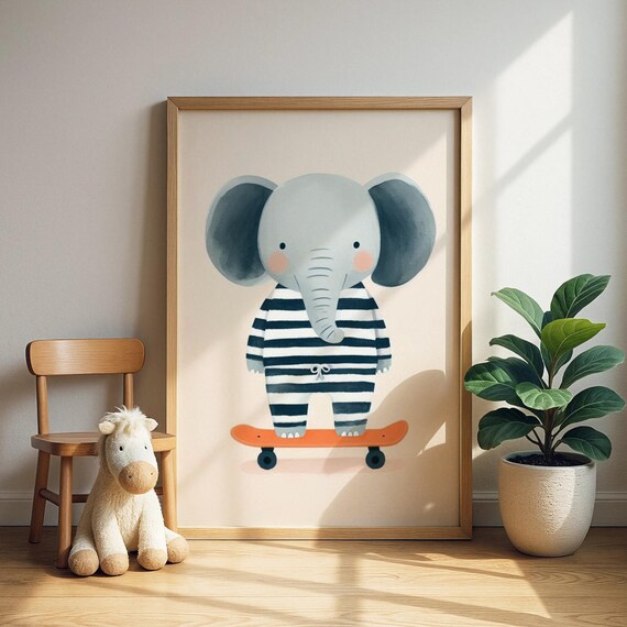 Skateboard Elephant Nursery Print In Striped Pajamas Illustration Toddler Room Decor