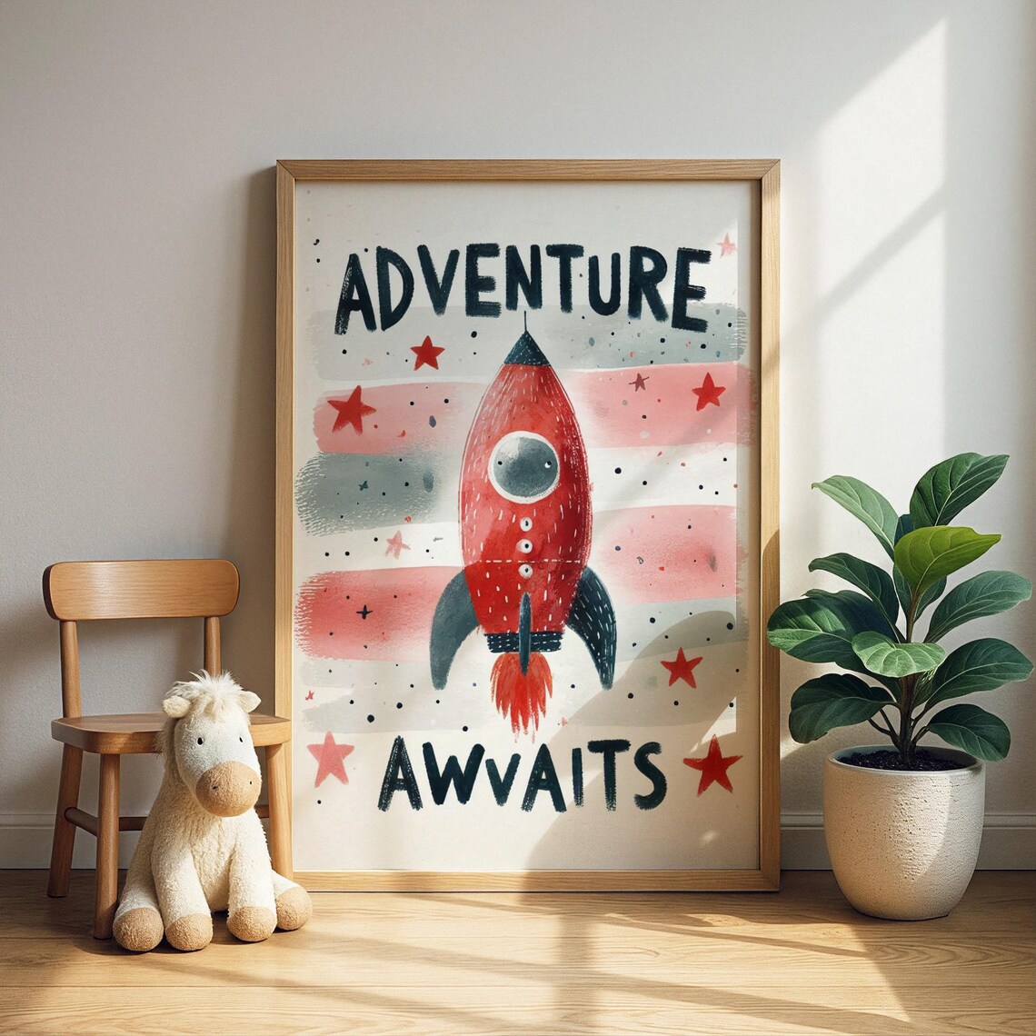 Adventure Awaits Chunky Rocket Nursery Print Space Exploration Wall Art Kids Room Decor