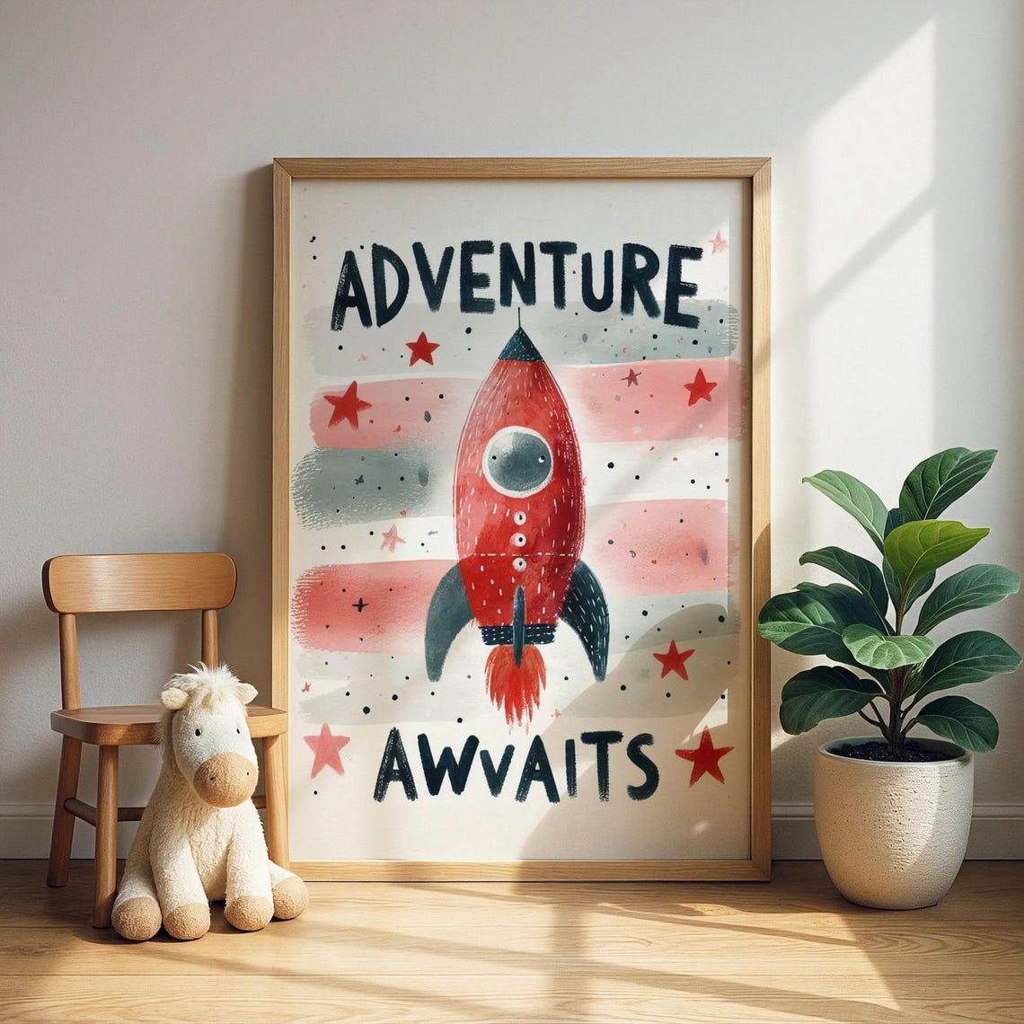 Adventure Awaits Red Rocket Ship Stars Nursery Space Kids Room Print