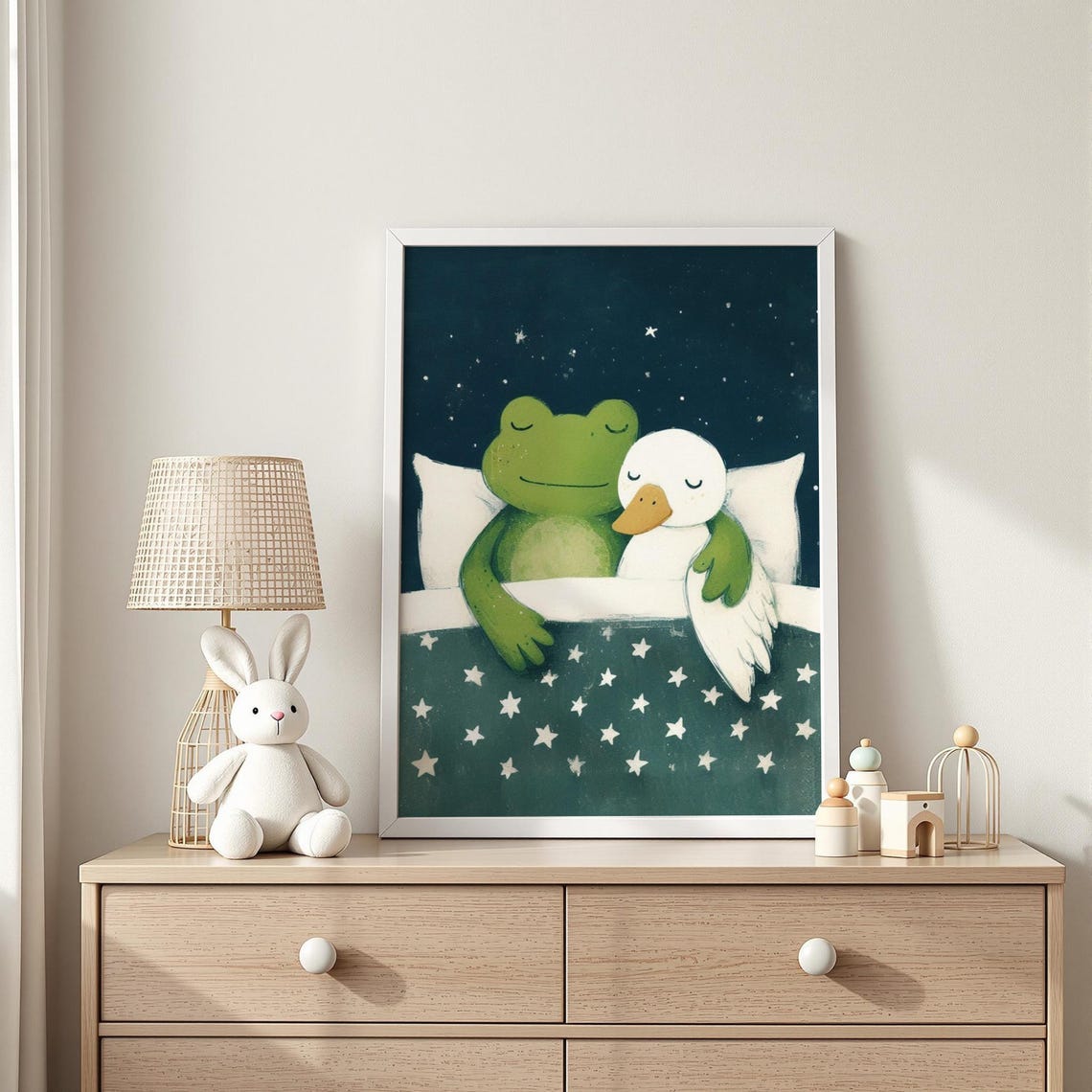 Sleepy Frog And Duck Print Bedtime Animal Friends Illustration Baby Room Decor