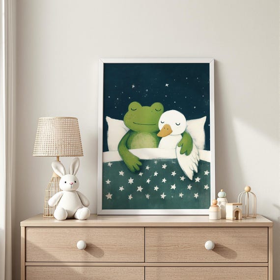 Sleepy Frog And Duck Print Bedtime Animal Friends Illustration Baby Room Decor