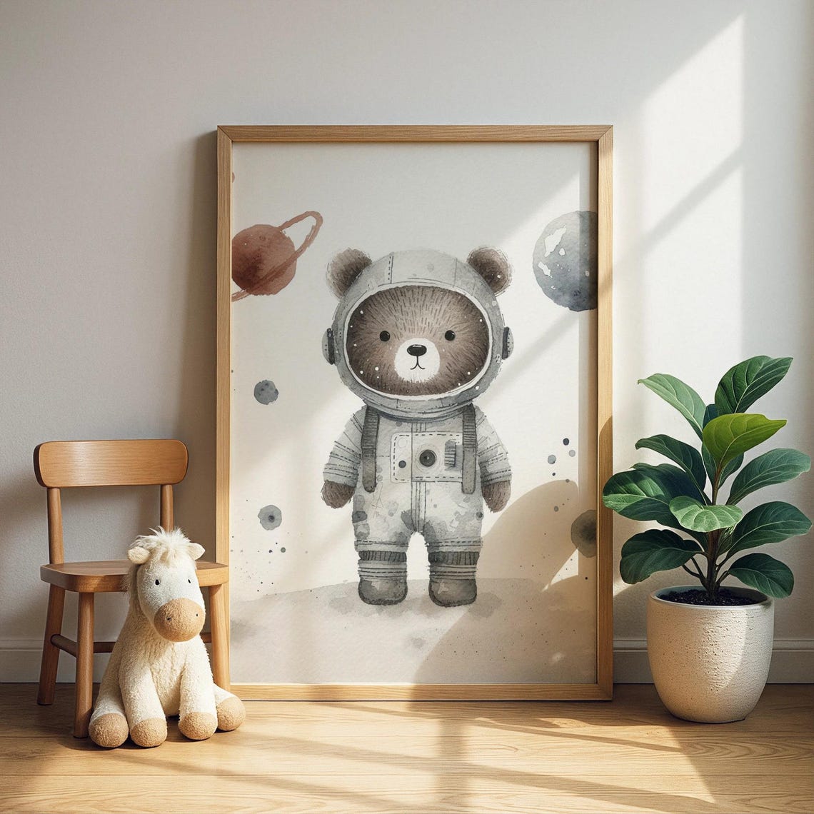 Cute Bear Astronaut Watercolor Space Nursery Kids Room Art Print
