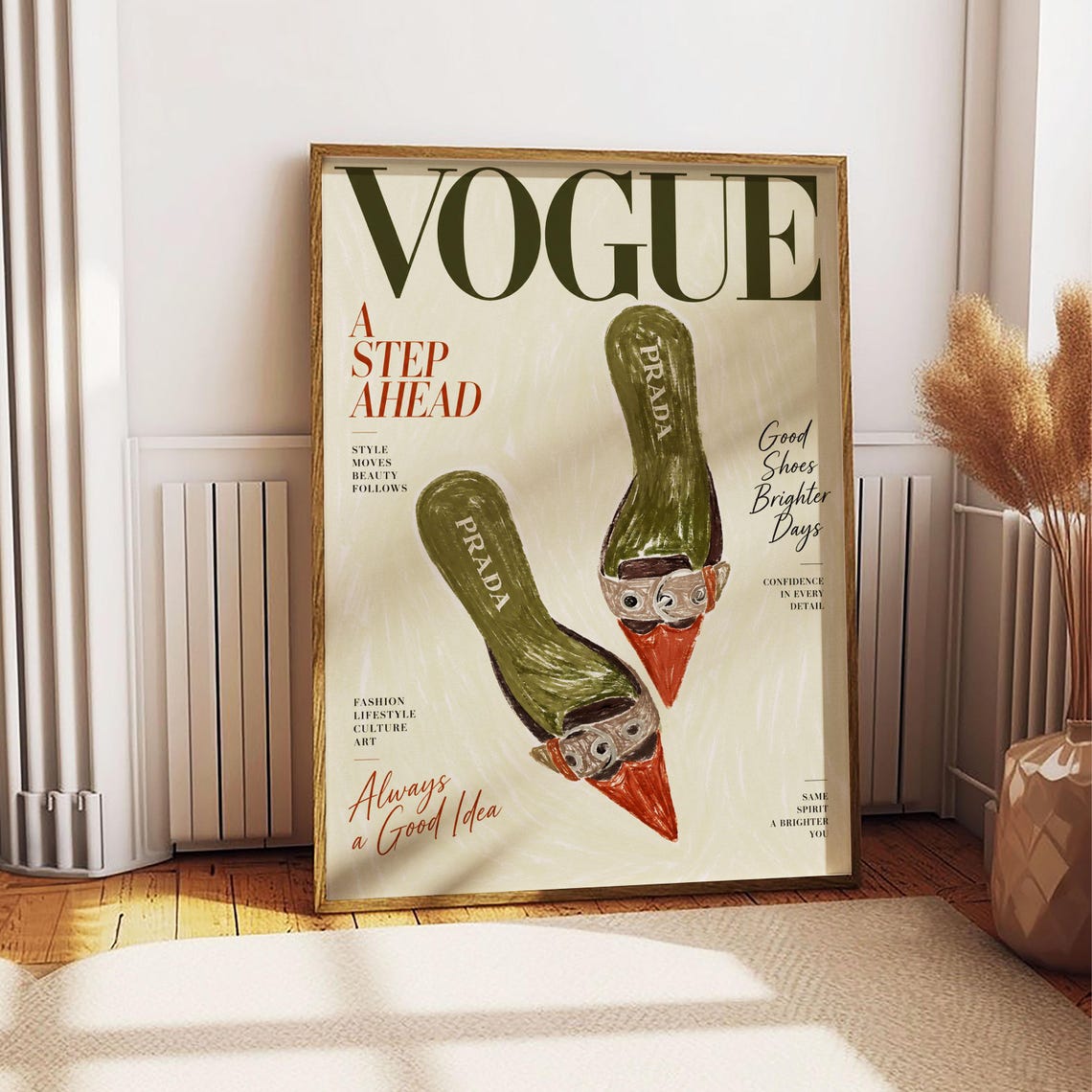 Vintage Vogue Poster Designer Buckled Mules Fashion Sketch Print Olive Green Magazine Cover Trendy Closet Wall Art Decor - Image 5