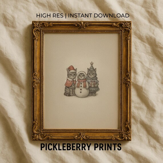Vintage Christmas Cat Print Cute Santa Snowman Tree Sketch Winter Wall Art Rustic Farmhouse Kitchen Nursery Decor