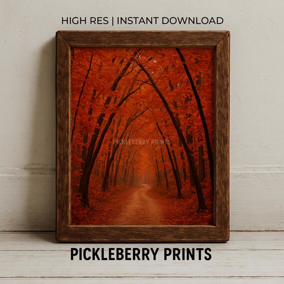 Fiery Red Autumn Forest Tunnel Moody Arching Trees Fall Wall Art