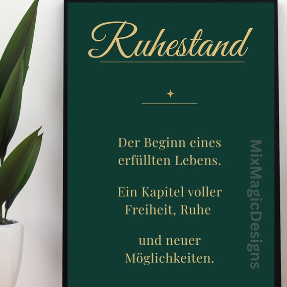 Elegant German Retirement Gift Poster Dark Green Gold Typography Wall Decor