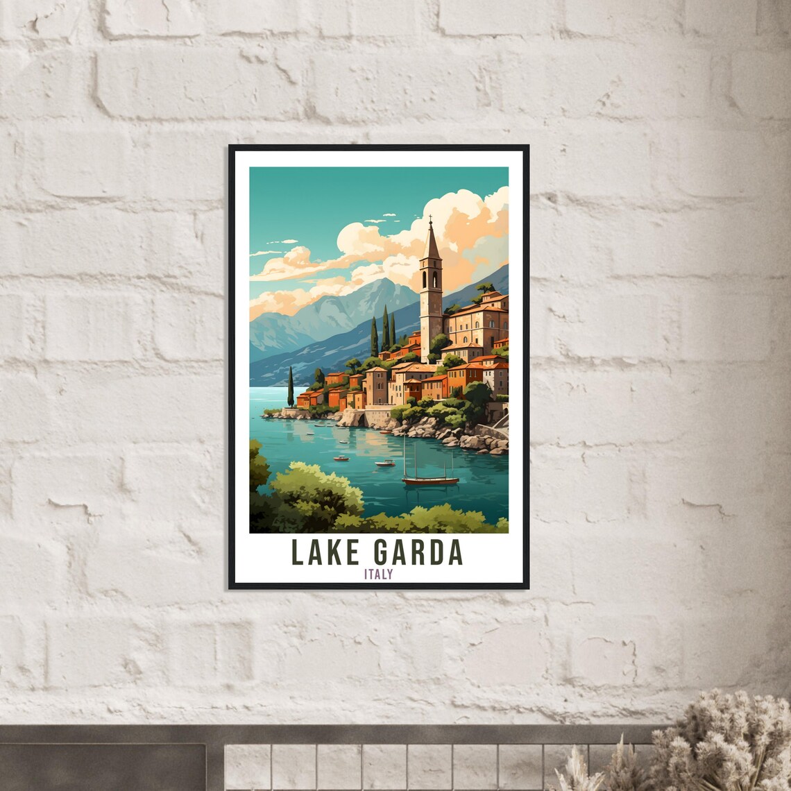 Lake Garda Italy Lakeside Village Bell Tower Boats Travel Poster - Image 3