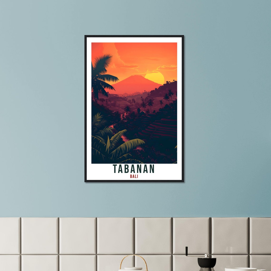 Tabanan Bali Rice Terraces Sunset Volcano Illustrated Art Poster - Image 2