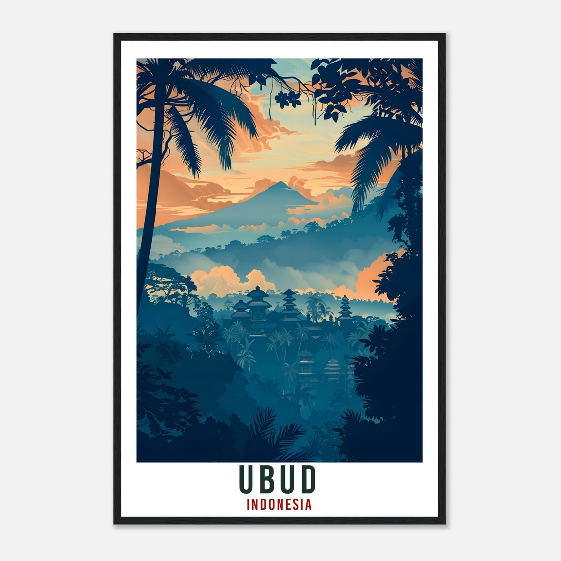 Ubud Indonesia Misty Jungle Temple Volcano Dusk Illustrated Poster - Image 4