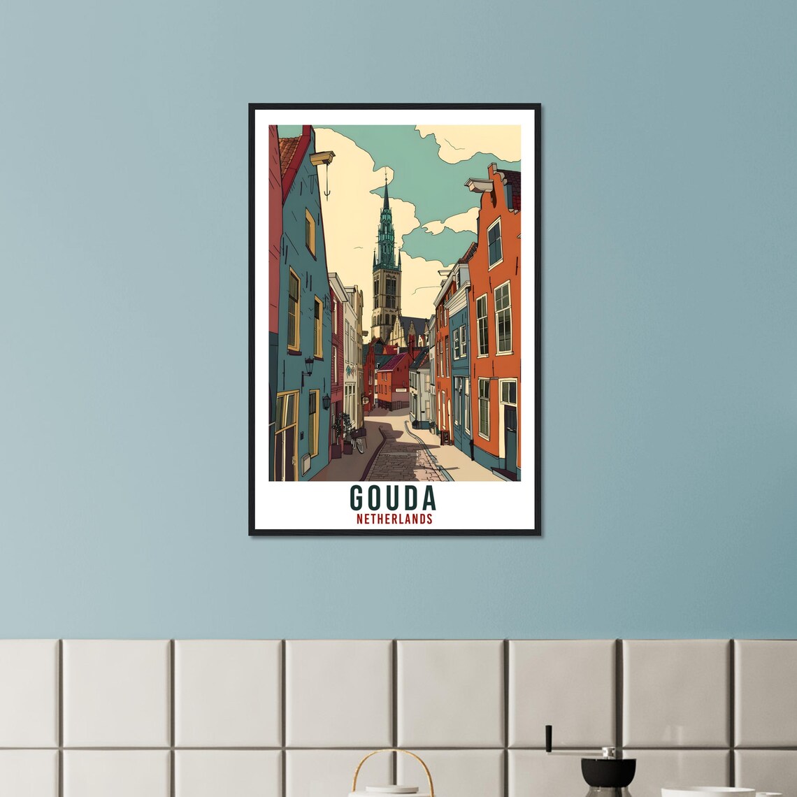 Gouda Netherlands Church Tower Street Vintage Travel Poster Holland - Image 3