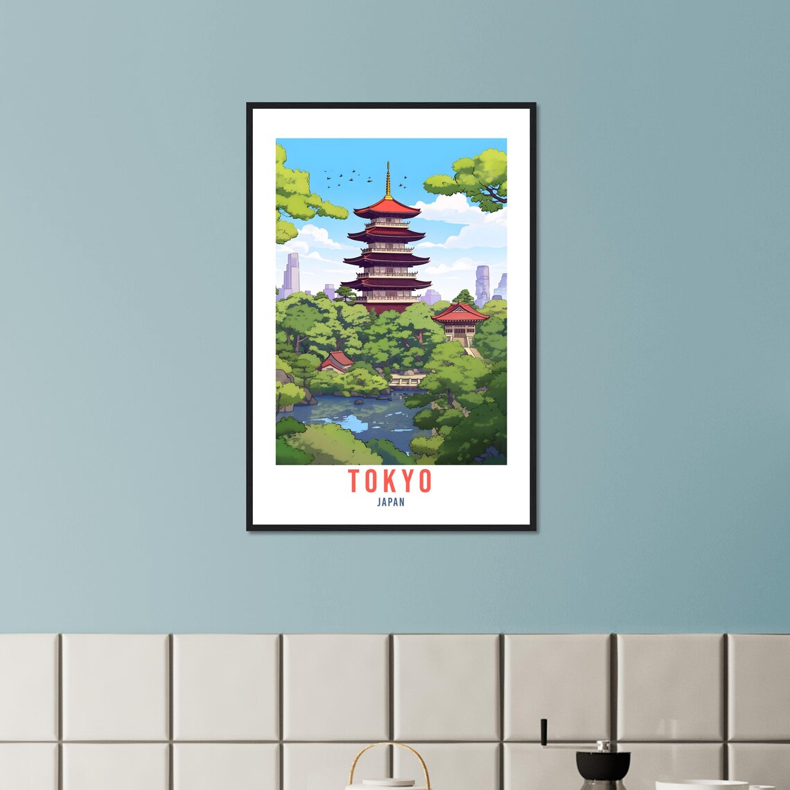 Tokyo Japan Vintage Five Story Pagoda Garden Temple Travel Poster - Image 2