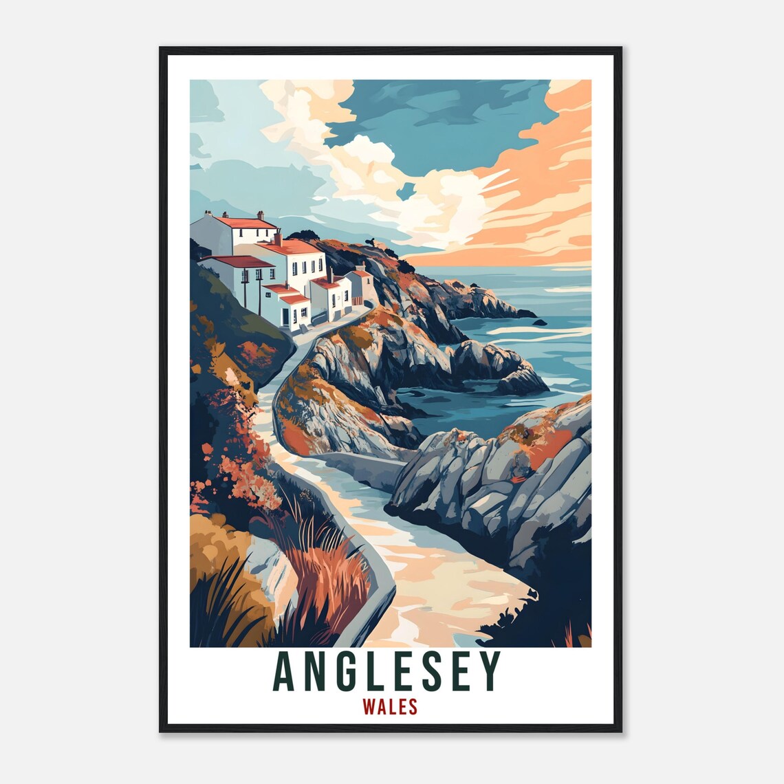 Anglesey Wales Coastal Cottages Rocky Cove Sunset Travel Poster - Image 4