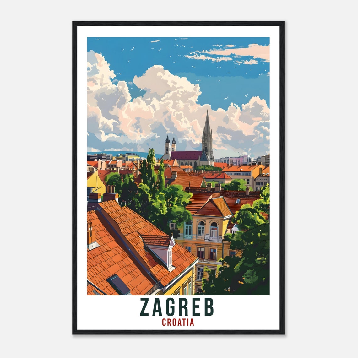 Zagreb Croatia Cathedral Red Rooftops Vintage Style Travel Poster - Image 4