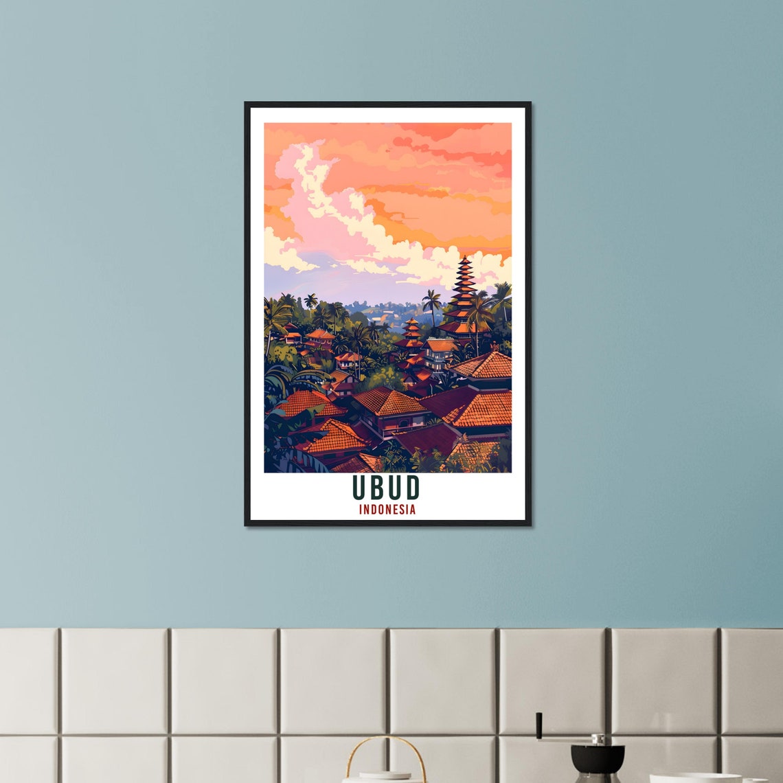 Ubud Indonesia Orange Sunset Temple Rooftops Vintage Travel Poster - Image 2