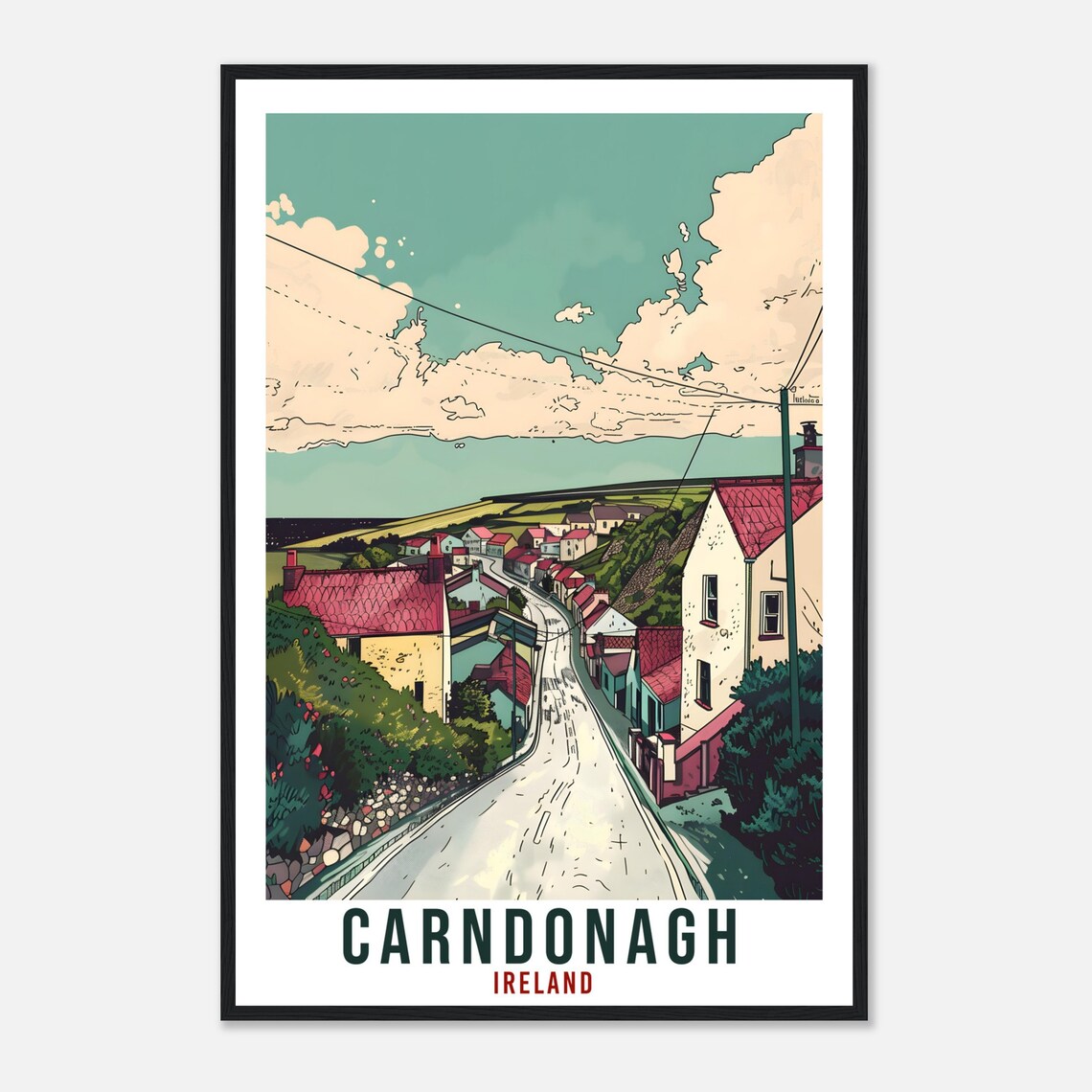 Carndonagh Winding Hill Road Village Red Roofs Ireland Travel Poster - Image 4