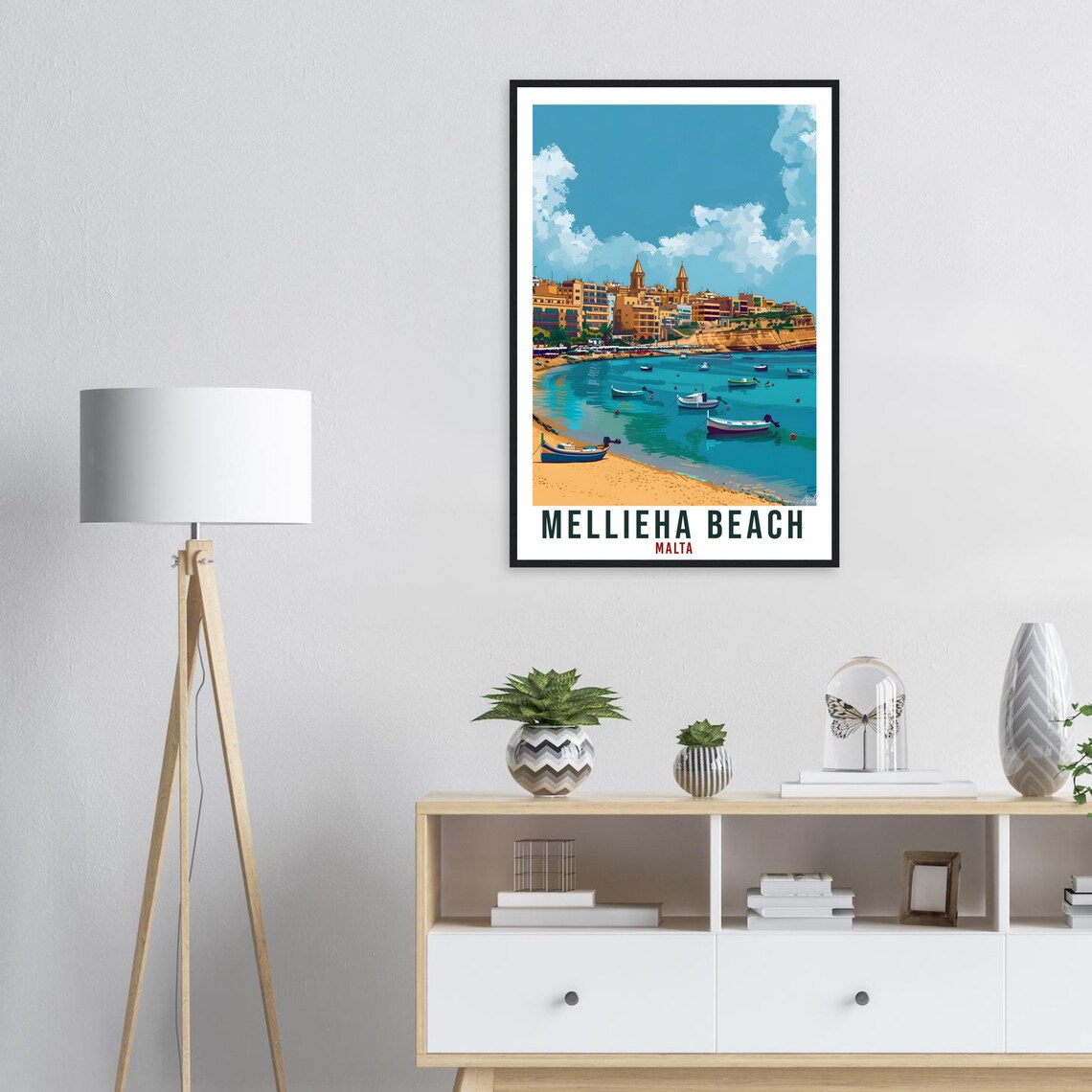 Mellieha Beach Malta Colorful Harbor Boat Scene Travel Poster - Image 3