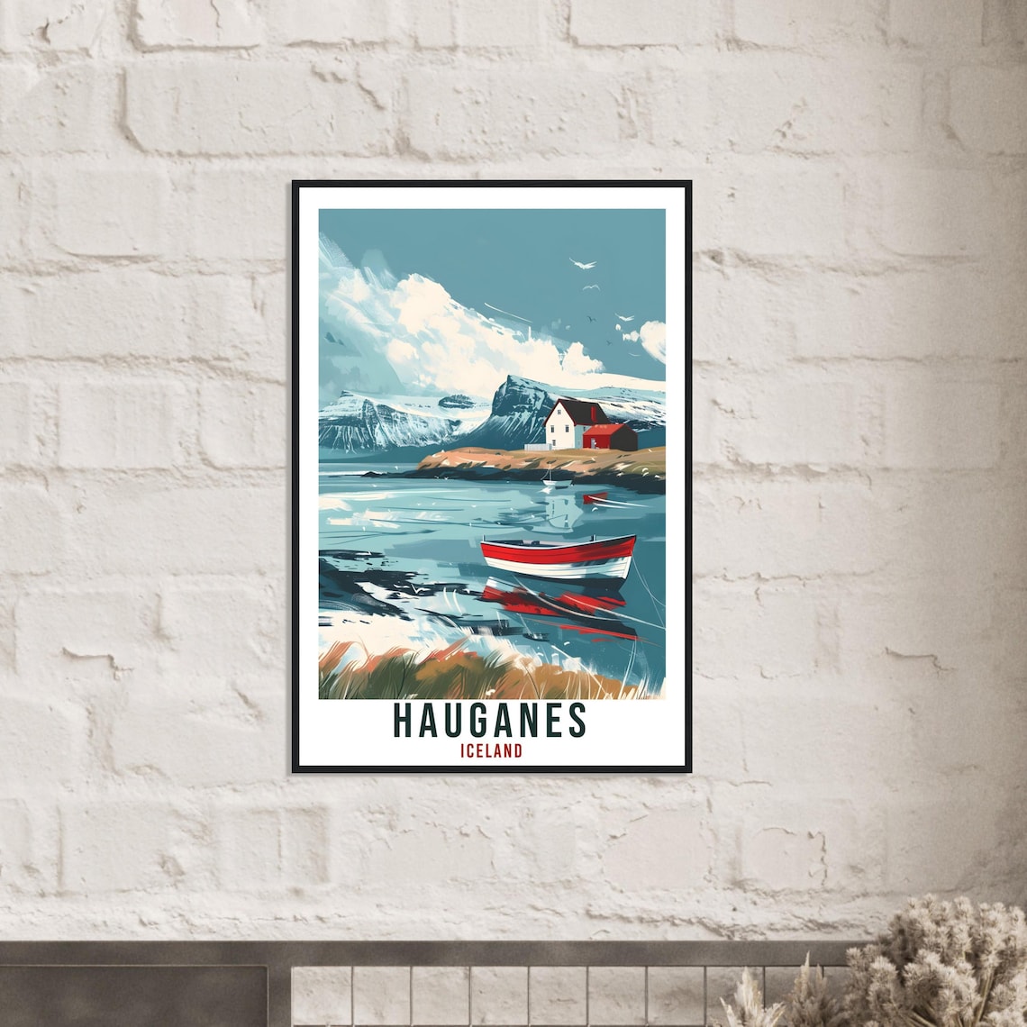 Hauganes Iceland Red Boat Fjord Vintage Travel Coastal Art Poster - Image 3