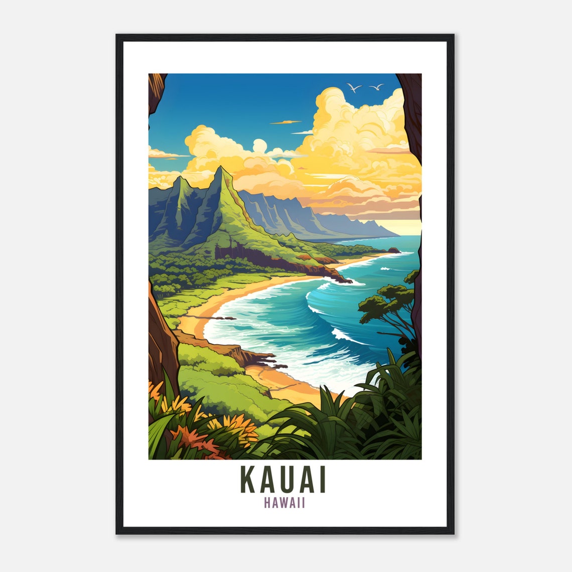 Kauai Hawaii Lush Green Cliffs Beach Surf Waves Travel Poster - Image 4