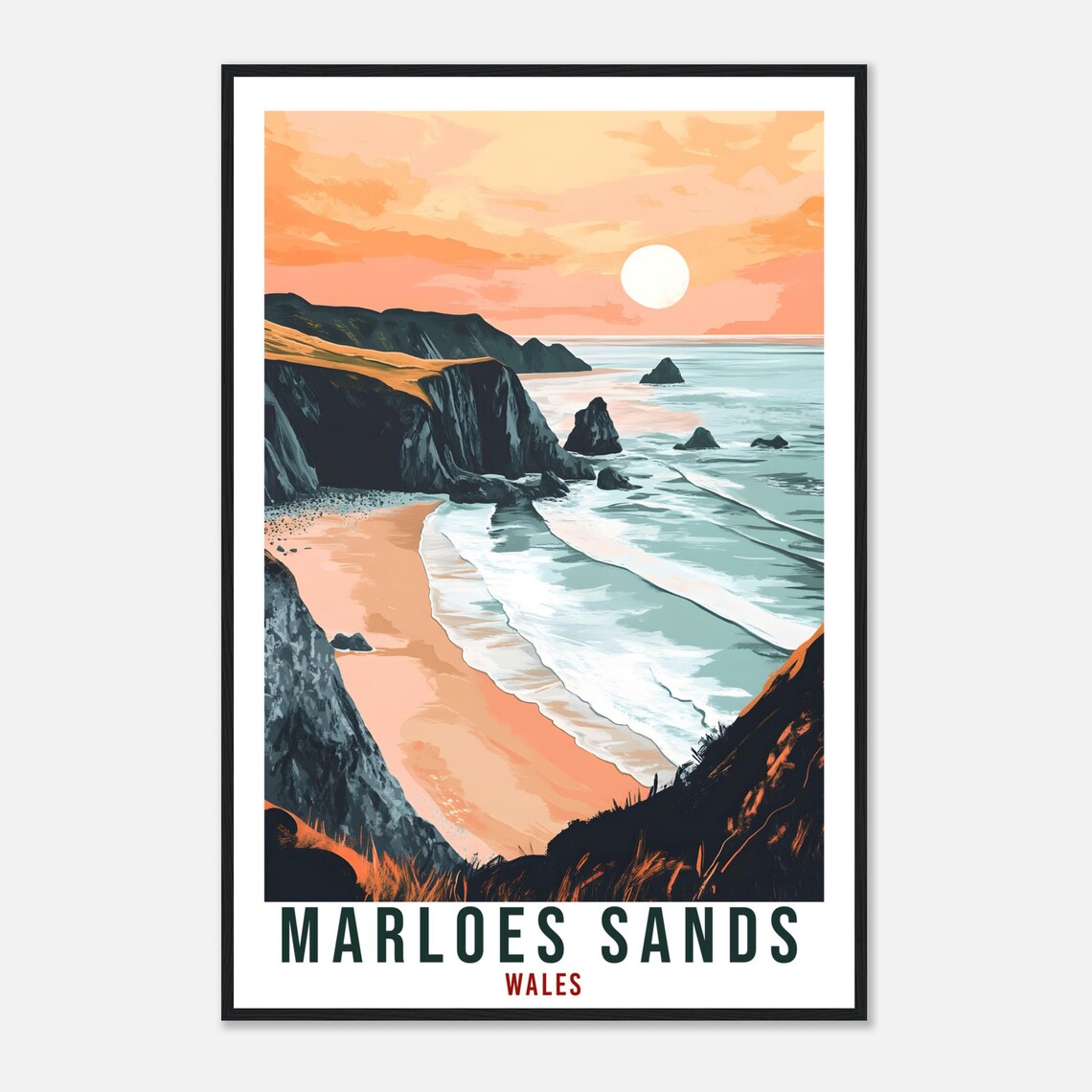 Marloes Sands Wales Golden Sunset Cliffs Beach Travel Poster - Image 4