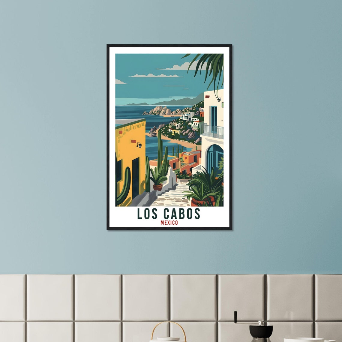 Los Cabos Mexico Hillside Village Ocean View Cactus Stone Steps Poster - Image 2