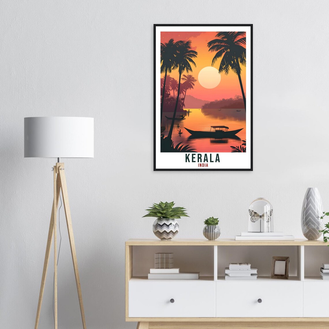 Kerala India Palm Trees Sunset Backwater Boats Travel Poster - Image 2