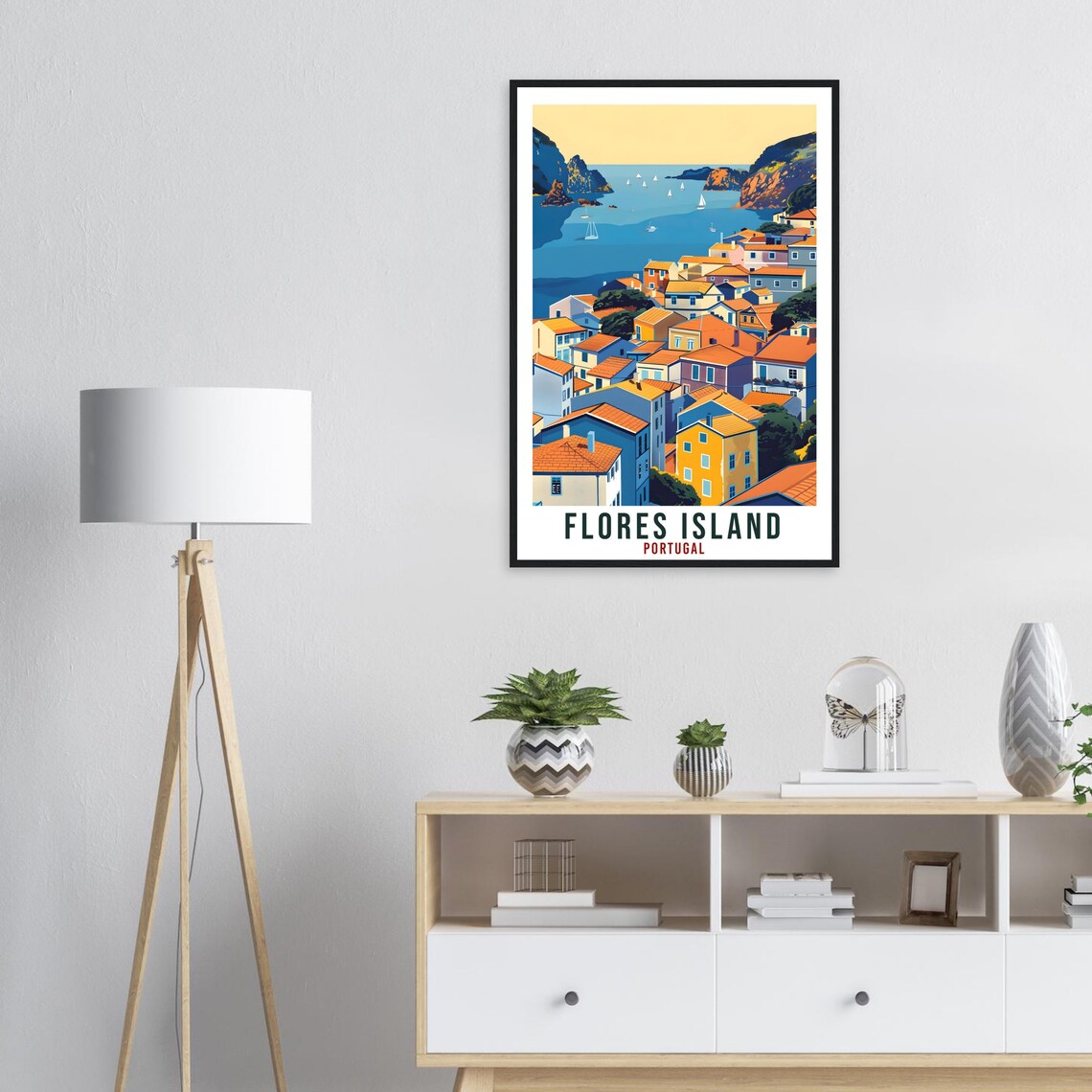 Flores Island Portugal Colorful Village Bay Sailboats Travel Poster - Image 2