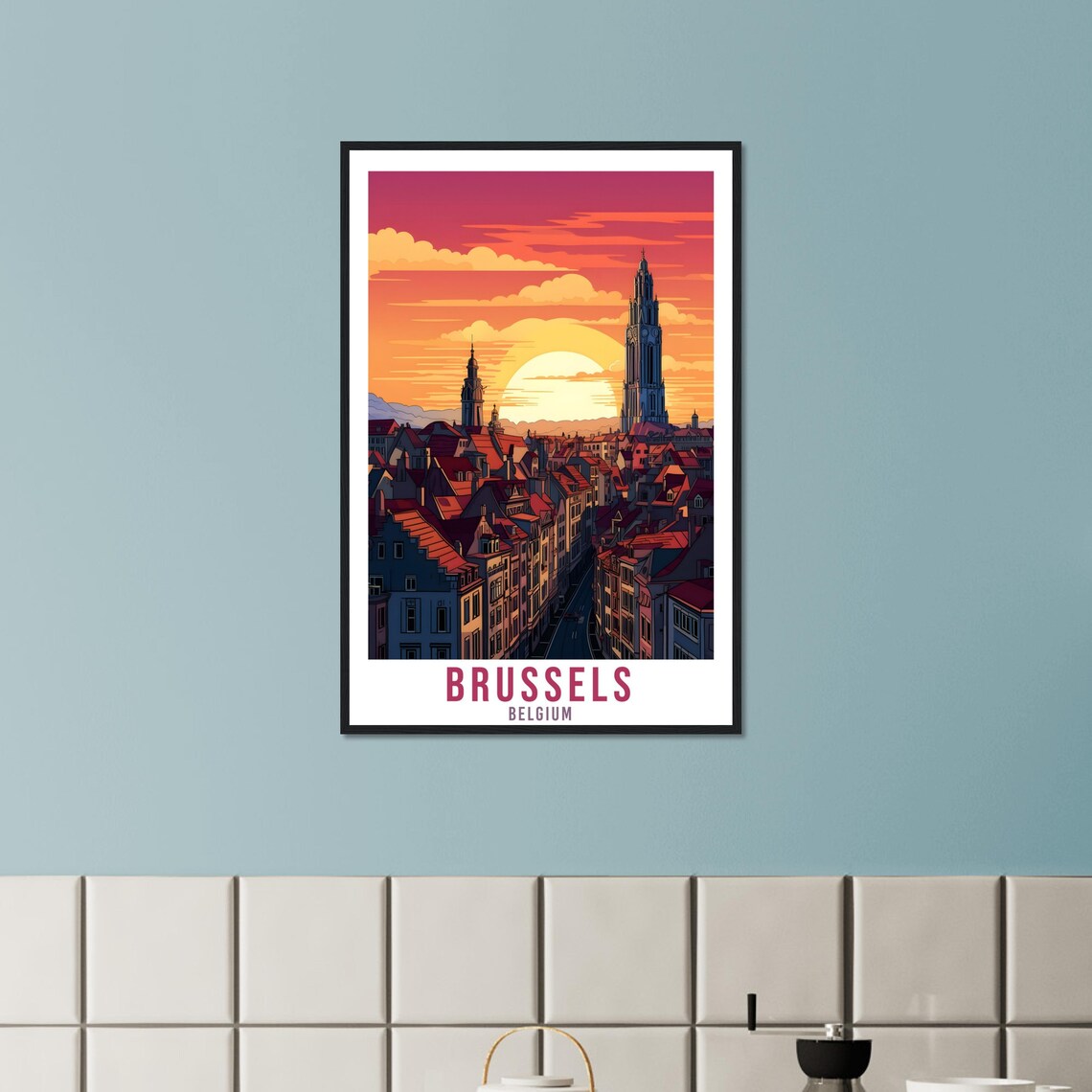 Brussels Belgium Sunset Travel Poster Retro Cityscape Skyline - Image 3