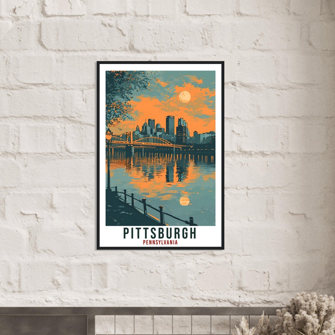 Pittsburgh Moonlit Bridge River Skyline Pennsylvania Vintage Poster - Image 2