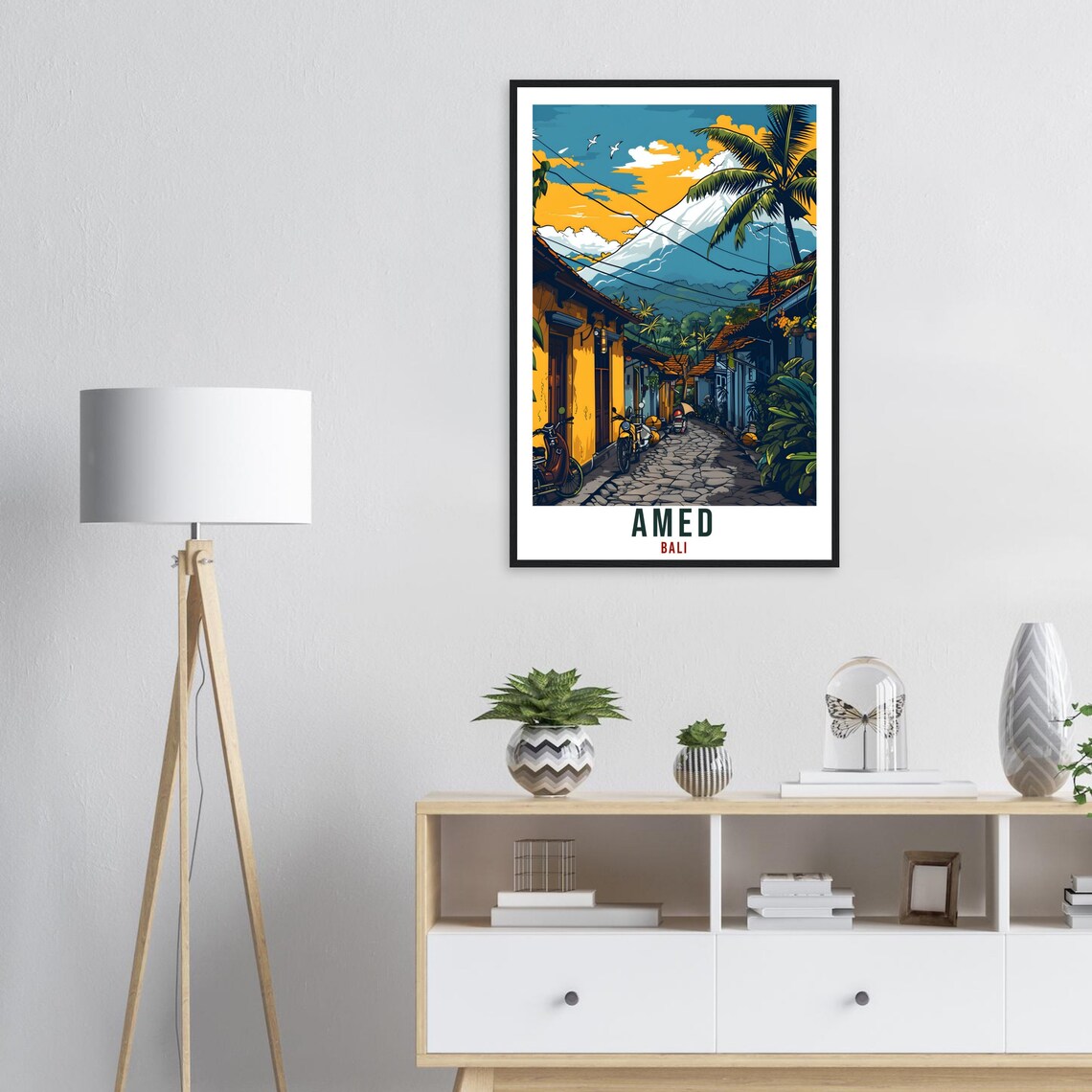 Amed Bali Volcano Street Vintage Illustrated Travel Art Poster - Image 3