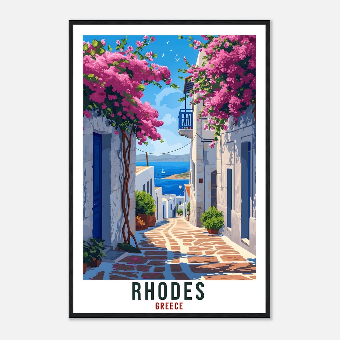 Rhodes Greece Travel Poster Bougainvillea Alley Aegean Sea View - Image 4