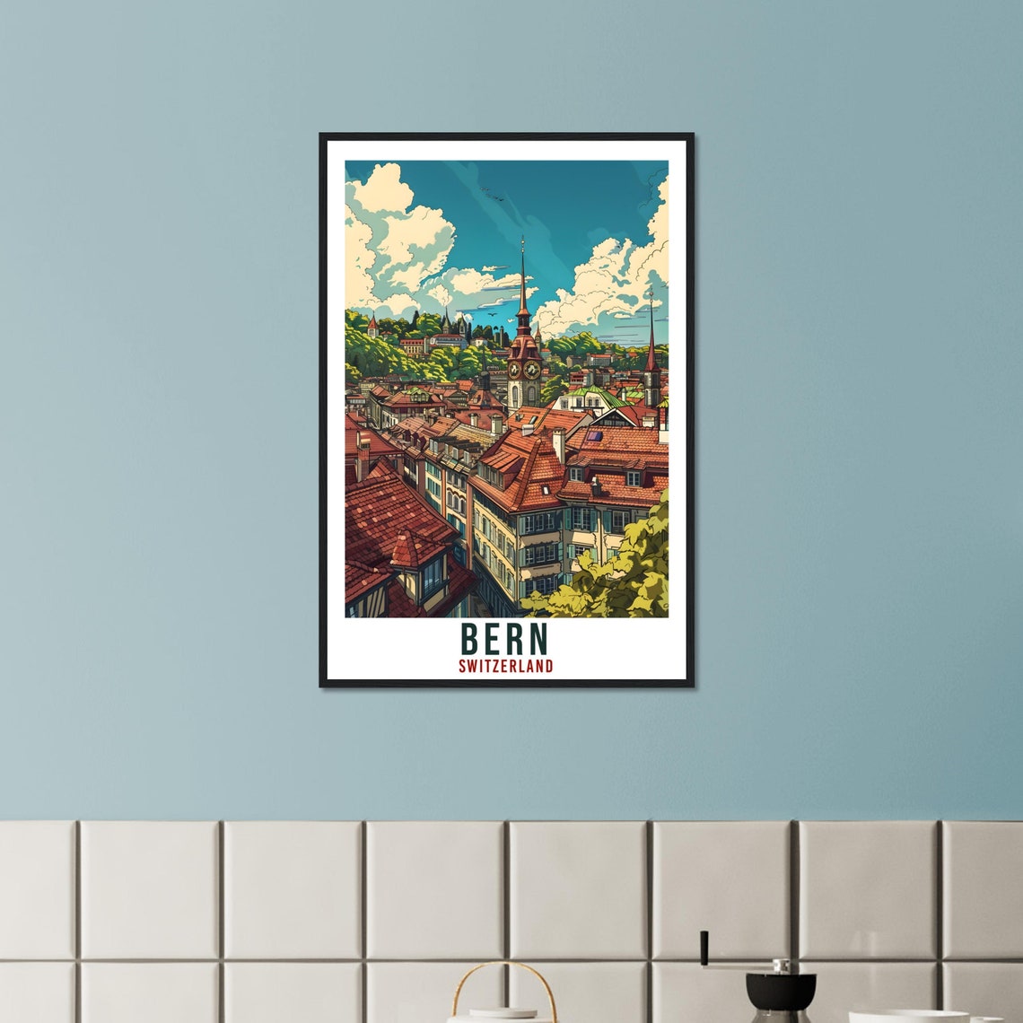 Bern Switzerland Clock Tower Red Rooftops Old Town Travel Poster - Image 2