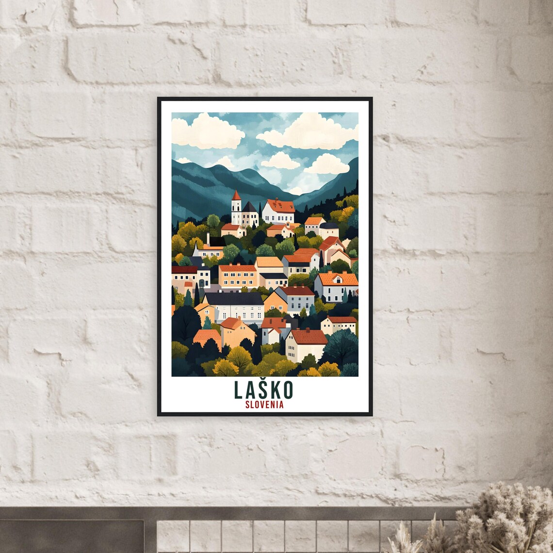 Lasko Slovenia Hillside Town Church Roofs Vintage Travel Poster - Image 2