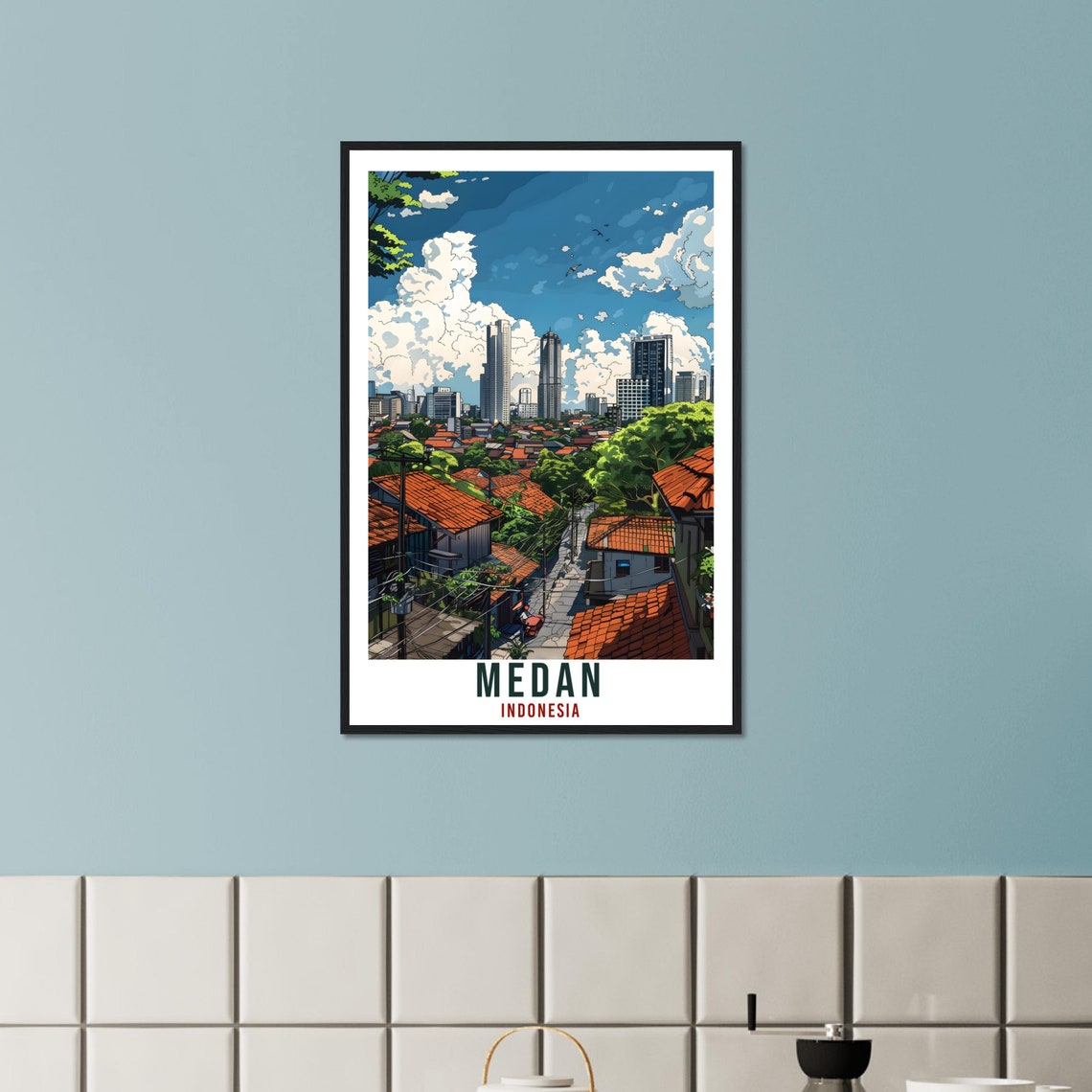 Medan Indonesia City Skyline Over Rooftops Retro Travel Poster - Image 2