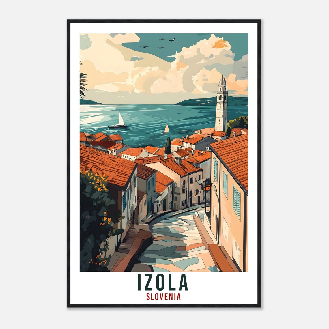 Izola Slovenia Seaside Old Town Sailboats Vintage Travel Poster - Image 4