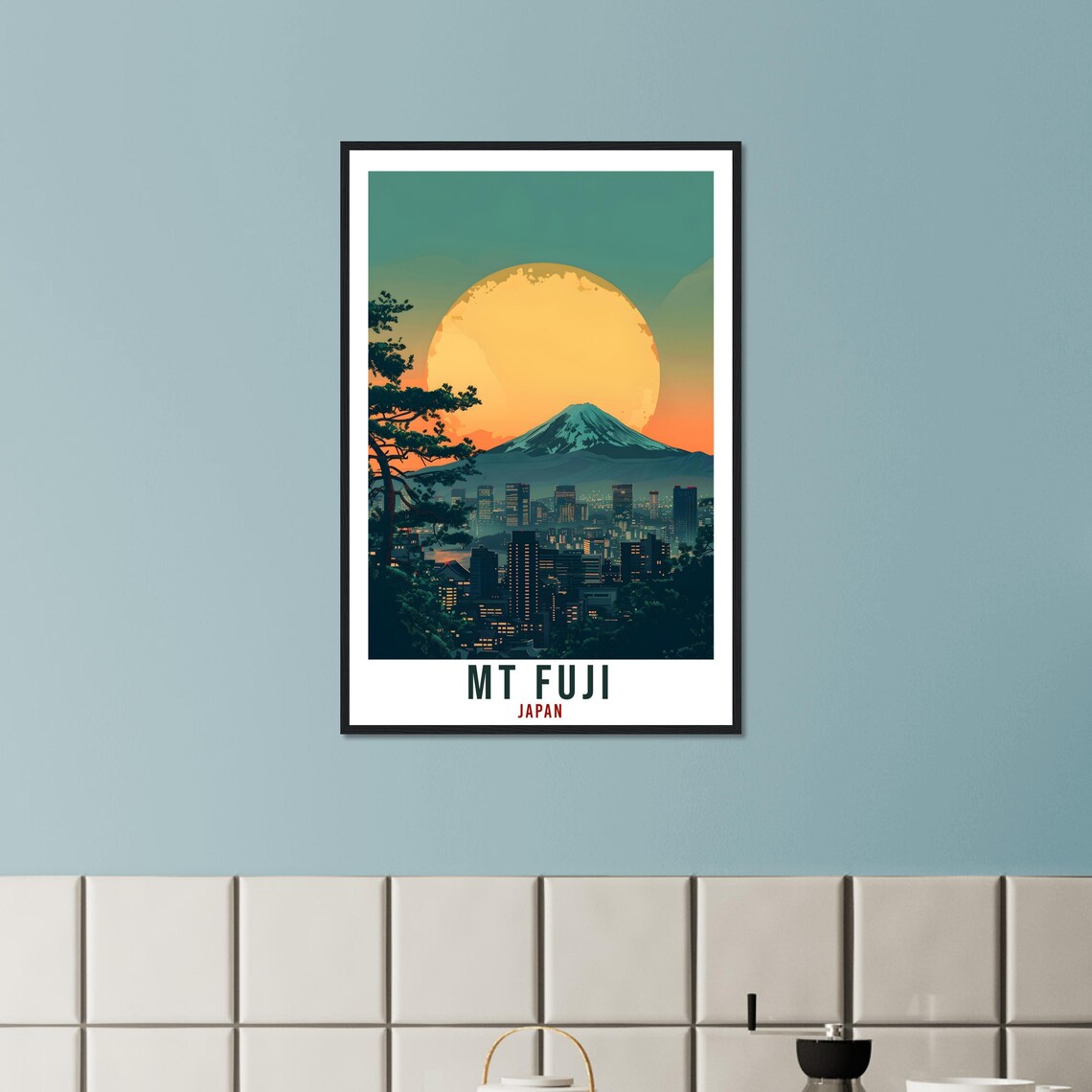 Mount Fuji Japan Giant Moon City Lights Night Sky Travel Poster - Image 3