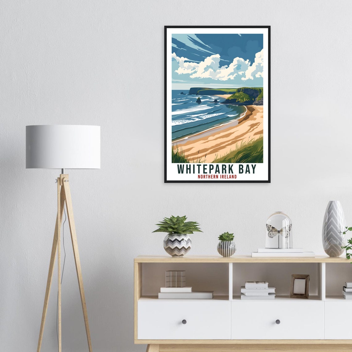 Whitepark Bay Northern Ireland Beach Retro Cliffs Travel Poster - Image 2