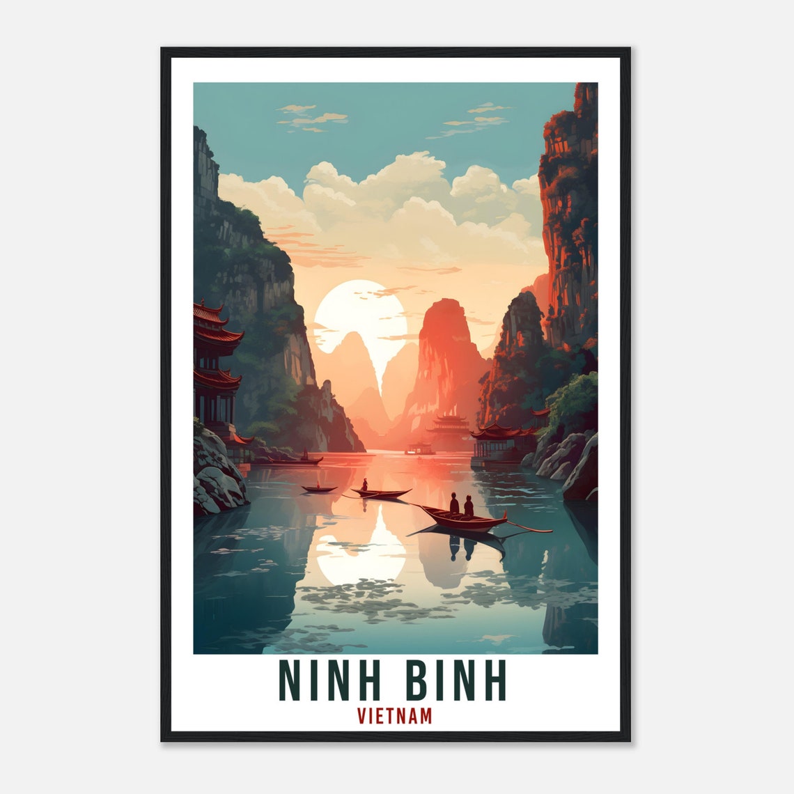Ninh Binh Vietnam Karst Cliffs River Boats Sunset Travel Poster - Image 4