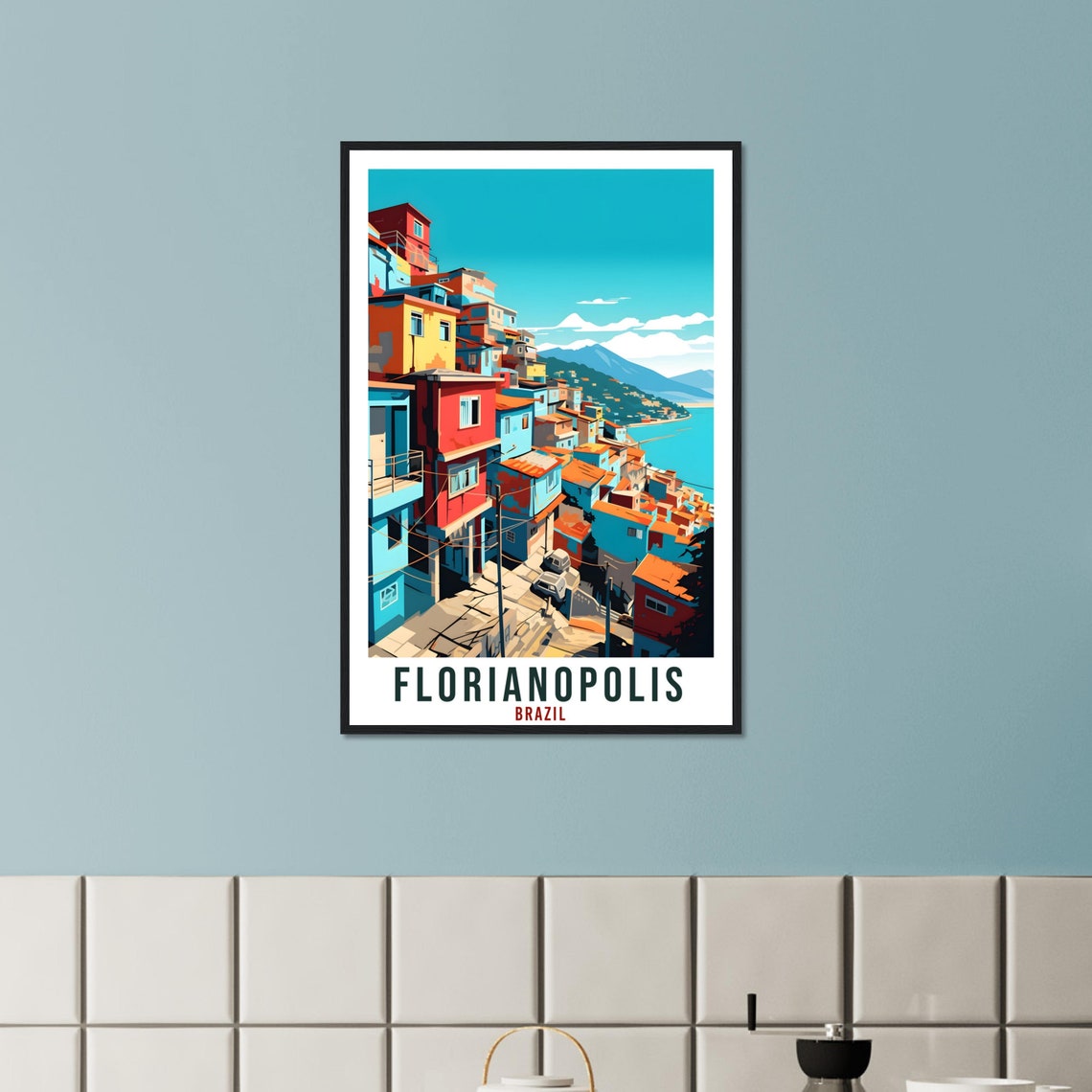 Florianopolis Brazil Colorful Hillside Street Ocean View Poster - Image 3