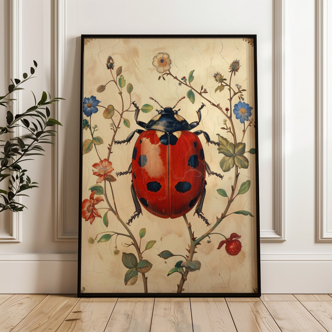 Ladybug Poster Patterned Floral Art Print Bug Illustration Insect Vintage Garden Decor Botanical Farmhouse Home