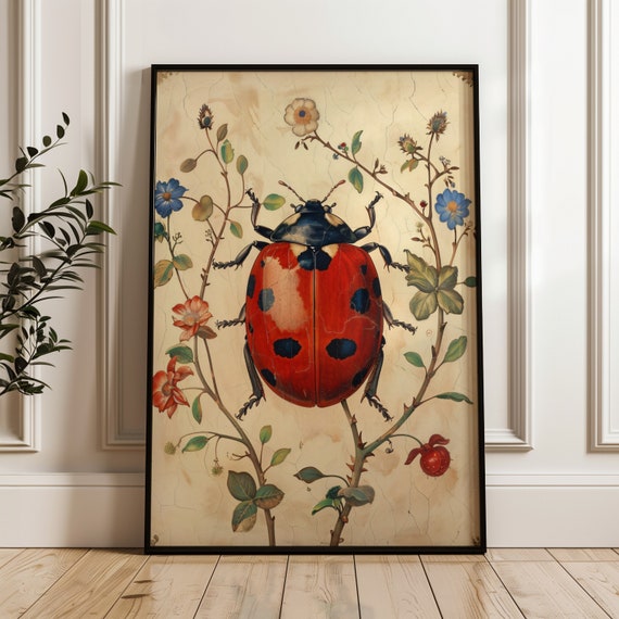 Ladybug Poster Patterned Floral Art Print Bug Illustration Insect Vintage Garden Decor Botanical Farmhouse Home