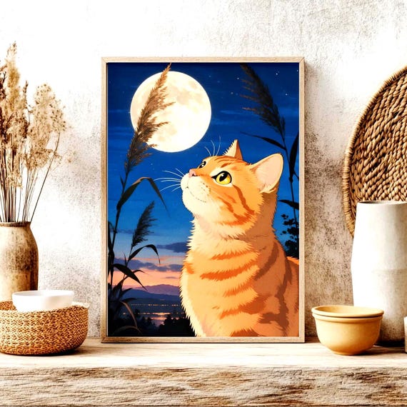 Ginger Tabby Cat Gazing at the Full Moon Night Illustration Poster